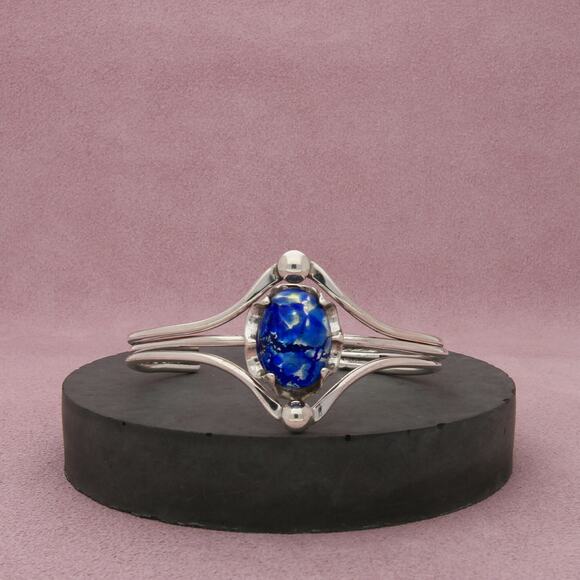 sterling silver vintage blue dichroic glass cuff bracelet size 6.75in - Picture 1 of 3